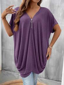 SHEIN LUNE Blusa feminina plus size casual de cor sólida com manga morcego, blusa feminina plus size casual de verão, blusa feminina plus size. - Roxo Lilás - Ver 4