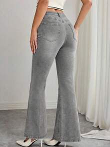 Jeanoix Plus Size Women Pockets Button Slim Fit Flared Jeans, Versatile For Daily Wear - Grey - View 2