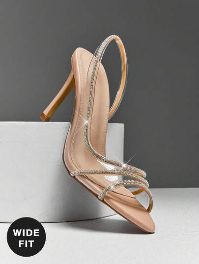SHUZIA Women's Nude Clear Rhinestone Strap Stiletto Heels – Ture Wide Elegant Wedding & Party Sandals