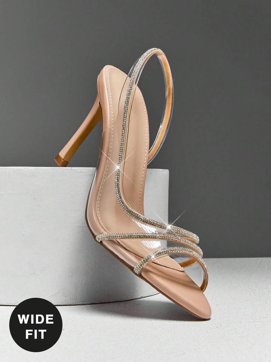SHUZIA Women's Nude Clear Rhinestone Strap Stiletto Heels – Ture Wide Elegant Wedding & Party Sandals - Beige - View 1