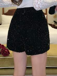 DAZY Women's Elegant Sequin Decorated Shorts, Spring/Summer - Black - View 2