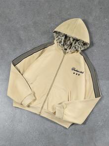 PAVTROS 男士街头风复古连帽衫，针织连帽开衫，卫衣，豹纹绒面面料，奢华品质，品牌Logo，可定制，街头风，日常穿着，时尚单品，户外休闲，返校季，节日礼物，男友礼物，老公礼物 - 卡其色 - 查看 3