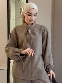 DAZY 女士优雅系领上衣和休闲裤两件套，夏季 - 卡其色 - 查看 6