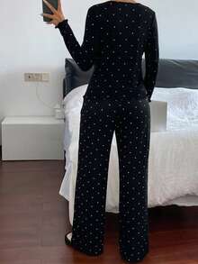 DAZY 2pcs Polka Dot Print Fitted Long Sleeve Top And Straight Leg Pants Pajama Set For Women, Spring - Black - View 2