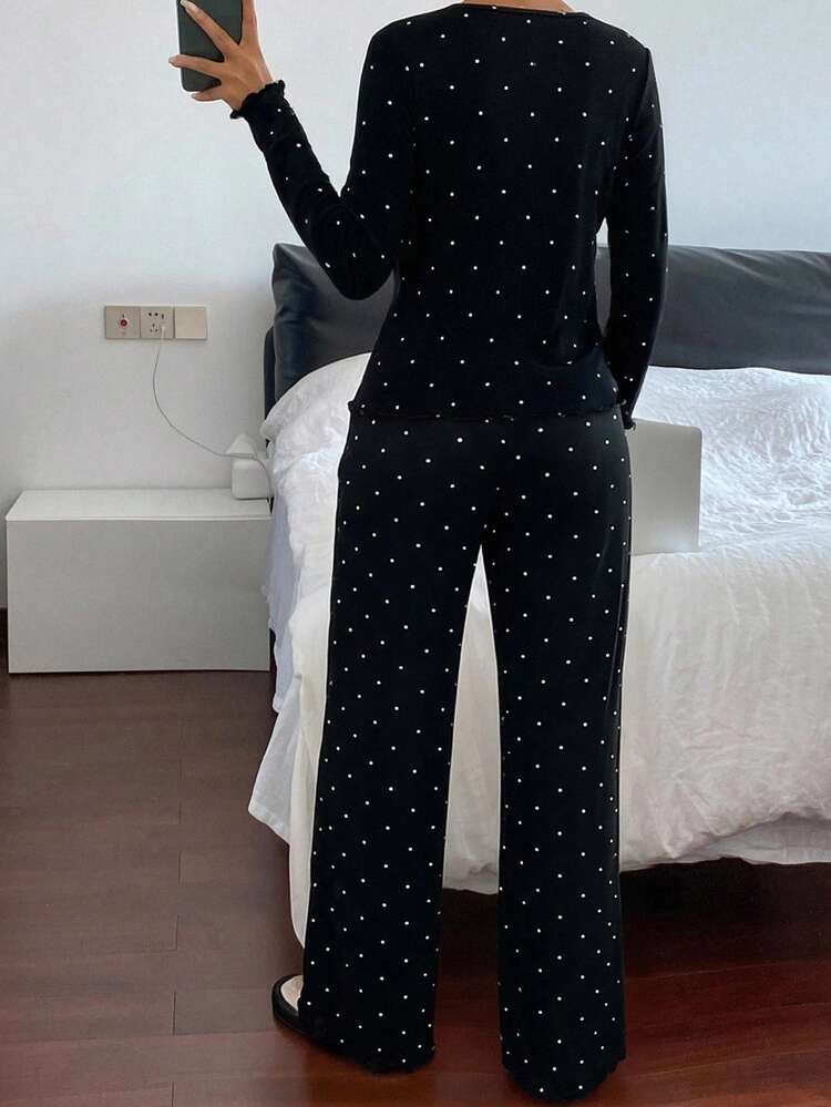 2pcs Polka Dot Print Fitted Long Sleeve Top And Straight Leg Pants Pajama Set For Women, Spring