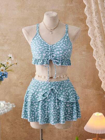 Bellisia 2pcs/Set 2026 Spring/Summer Beach Vacation Blue Ditsy Floral Bikini Set 2026 New Women's Swimwear ArrivalFor School,Suitable For Holiday, Date, Afternoon Tea, Western, Cruise, Beach, Island, Road Trip, All Seasons, Music Festival, Boho Vacation,Bohemian Vacation, Chill Autumn ,Western Boho ,Elegant Tops For Women Beach Skirt Set Summer Skirt And Top Set Summer Two Piece Set Vacation Outfits Woman Skirt Set Beach 2 Piece Set