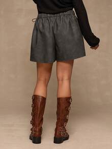 Freevana Plus Size Solid Color Tie-Up Wrap Summer Shorts - Dark Grey - View 4