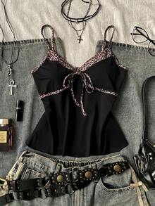 Attitoon 夏季女士豹纹拼接扭结设计休闲百搭约会之夜吊带背心，春季女装，复活节，外出上衣，黑色上衣，适合返校季，复古，性感，可爱，Y2K，椰子女孩，波西米亚，嬉皮，音乐节，派对 - 彩色 - 查看 5