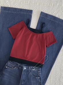 Áo thun 2 trong 1 phong cách đường phố dành cho bé gái tuổi teen, có in chữ, khẩu hiệu và hình ảnh xe hơi, thiết kế tay ngắn hở vai, thích hợp cho các hoạt động giải trí mùa hè, mua sắm và chụp ảnh. - Đỏ - Xem 2