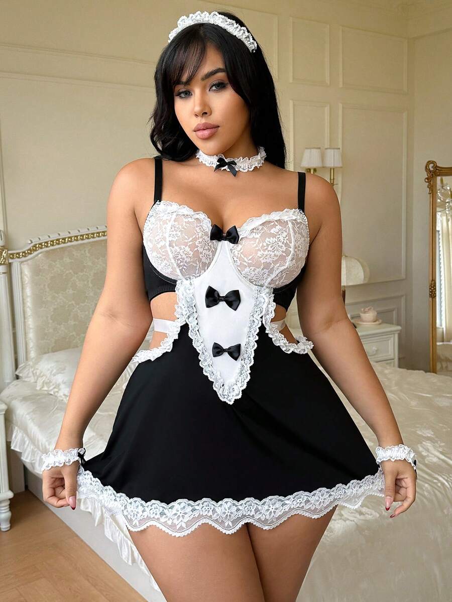Fantasy Costume 6pcs Plus Size Sexy Maid Costume Set With Lace Patchwork - Black and White - View 1
