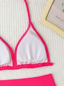 SHEIN Teen Girls Bikini Sets,Solid Magenta Two-Piece Swimsuit,Adjustable Drawstring Triangle Bottom Cute Bathing Suit For Summer,Beach,Holiday,Pool Parties - Hot Pink - View 4