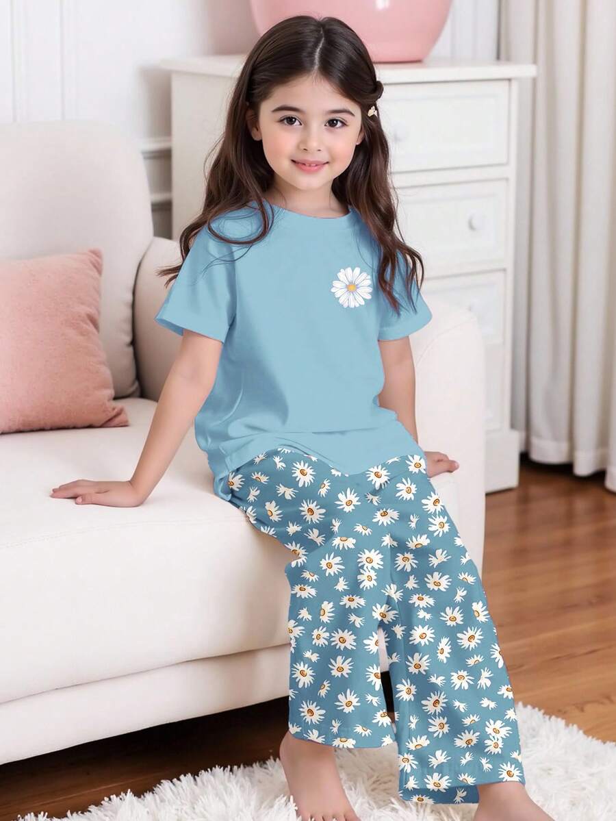 Boho Style Daisy Floral Print, Tween Girls Casual Minimalist Round Neck Short Sleeve T-Shirt And Loose Pants Pajama Set, Suitable For Summer - Multicolor - View 1