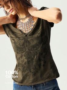 Bohemela Plus Size Retro Butterfly Print V-Neck Short Sleeve T-Shirt Butterfly Print Top,Holiday Outfits For Women - Army Green - View 1
