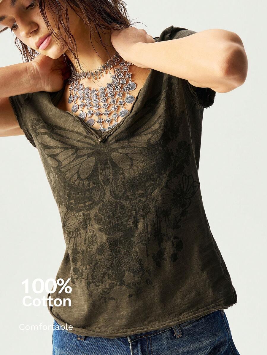 Bohemela Plus Size Retro Butterfly Print V-Neck Short Sleeve T-Shirt Butterfly Print Top,Holiday Outfits For Women - Army Green - View 1