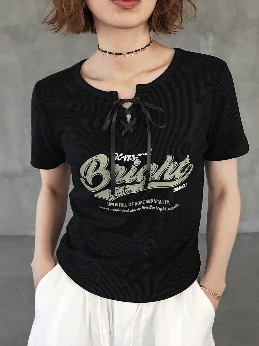 FRIFUL Women's Round Neck Partially Zip-Up Front Letter Print Decor Crossed Tie Collar Fitted Short Sleeve T-Shirt, Summer Graphic Tees Women - Black - View 1