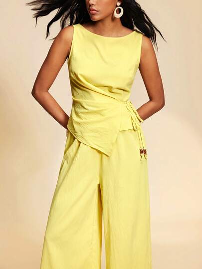 Travachic 2026 New Women's Vacation Casual Light Yellow Asymmetric Ruched Tie Sleeveless Top And Long Pants Set