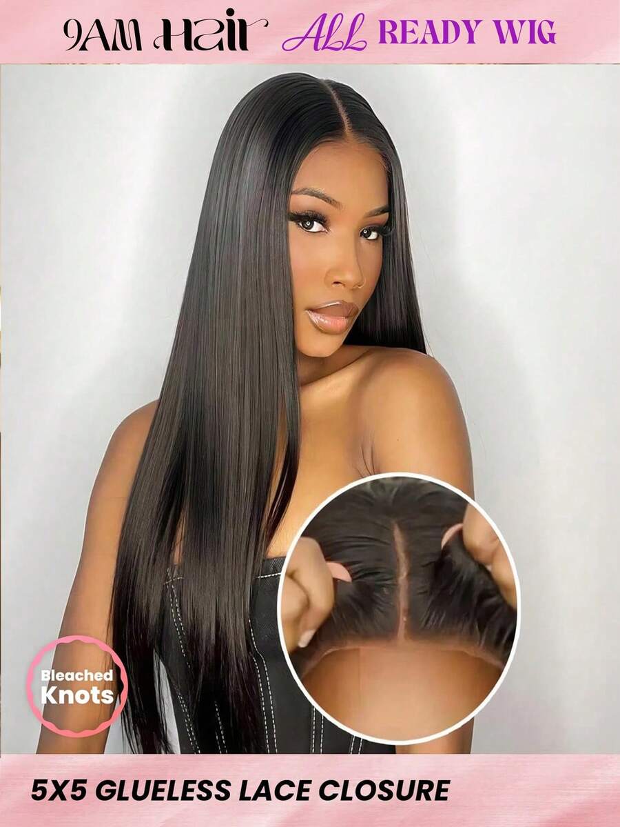ALL READY WIG 预漂白预拔预剪蕾丝融化蕾丝 5x5 无胶蕾丝闭合假发 100% 真人头发丝滑直发 9AM 头发 - SNatural - 查看 1