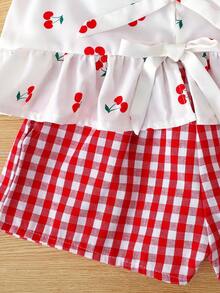 2件套女童樱桃衬衫背心+红色格子宽松短裤，休闲日常时尚百搭套装，适合外出、聚会、与姐妹搭配 - 紅色 - 查看 6