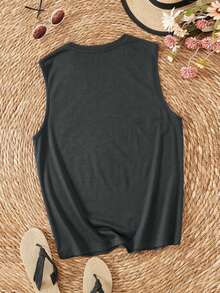 EMERY ROSE 大码女式夏季休闲骷髅印花背心，搭配标语图案T恤。适合女性穿着。 - 灰色 - 查看 2