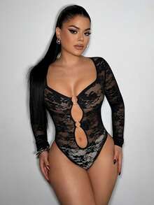 SHEIN SXY 黑色蕾丝镂空性感透视连体衣 - 黑色 - 查看 6