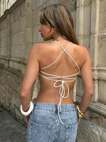 Aloruh Top de tirantes cruzados con espalda descubierta, bordado, con volantes y lentejuelas, para mujer. Primavera/Verano - Amarillo - Ver 2