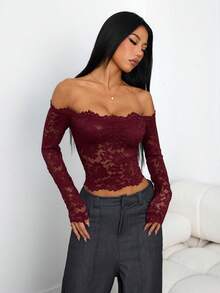 SHEIN PETITE 女士蕾丝性感透视镂空露肩长袖上衣，酒红色，适合圣诞节、万圣节、亡灵节、秋冬季叠穿，红色上衣，圣诞节 - 酒紅色 - 查看 2