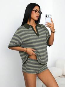 SHEIN PETITE 两件套女士条纹休闲套装,适合日常外出、休闲、旅行和工作穿着,秋季女装,女士短款套装,夏季上衣,女士针织上衣 - 綠色 - 查看 5