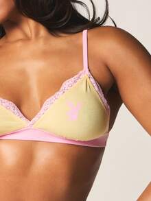Missguided x Playboy Lace Trim Bralette And Thong Set With Scalloped Edges Feminine Intimate Lingerie Collection - Yellow - View 4