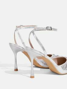 CUCCOO TILAWA Women's Pointed Toe Rhinestone Embellished Stiletto Heels, Sexy & Fashionable Ankle Strap Party/Club Pumps - Silver - View 5