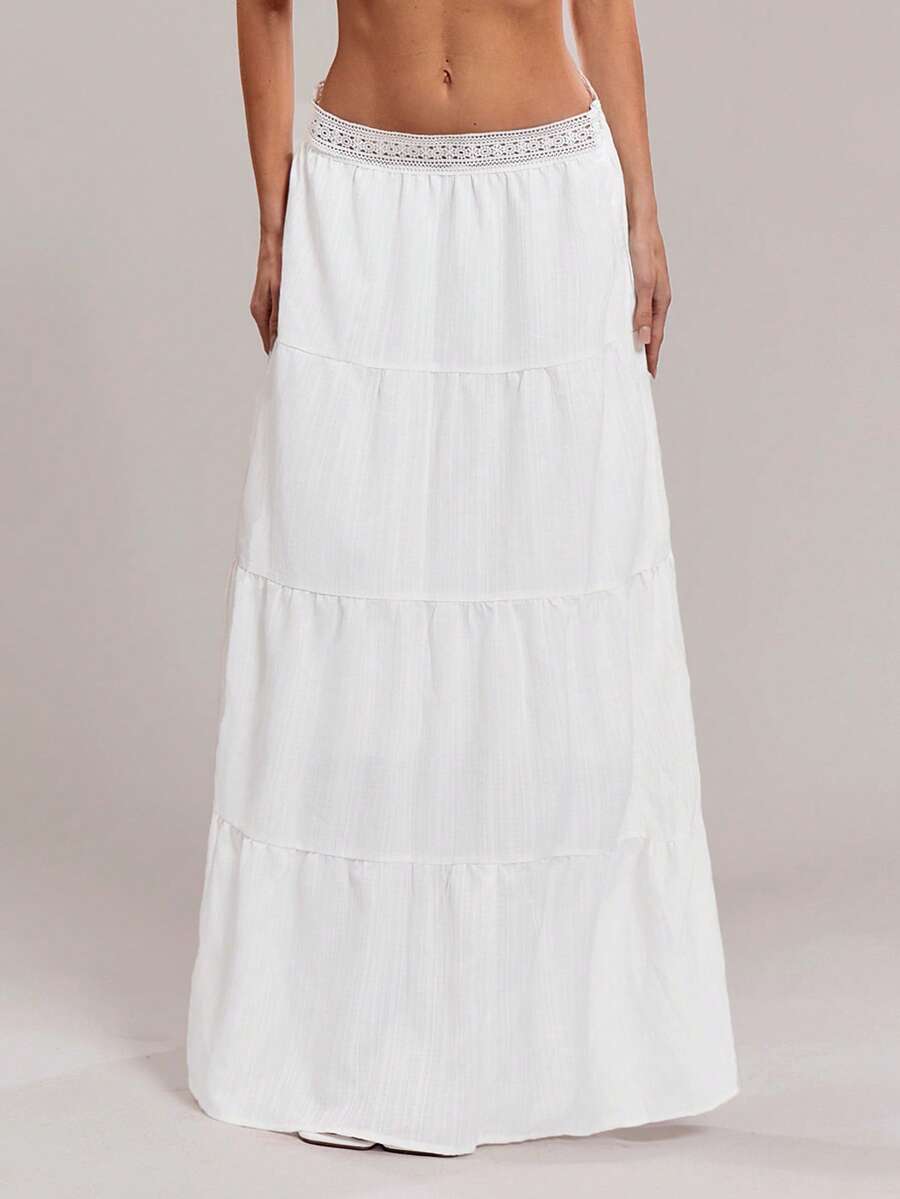 SHEIN ICON Women's White Vacation Waist Contrast Lace Ruffled Hem Fashionable A-Line Skirt,Summer Vacation Outfits,Carnival Outfit - White - View 1