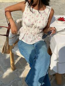 Serisse Women's Round Neck Sleeveless Ruffle Embroidery & Floral Print Blouse - Baby Pink - View 6