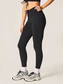 MISSGUIDED 女士高腰褶皱细节运动紧身裤，抽绳腰带，适合瑜伽、跑步、锻炼、塑形，全长训练裤 - 黑色 - 查看 5