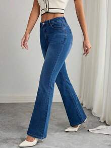 SHEIN Cottnline Plus Size Women Pockets Button Slim Fit Flared Jeans, Versatile For Daily Wear - Dark Wash - View 3