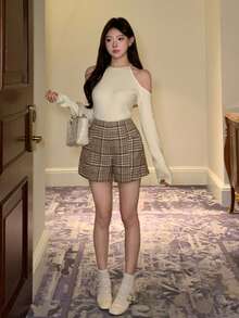 DAZY 女士休闲风印花短裤，春季 - 棕色 - 查看 3