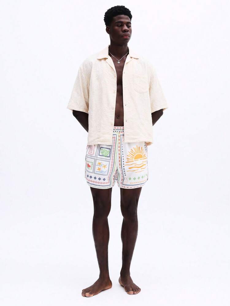Patchwork Print Beach Swim Shorts With Elastic Waistband