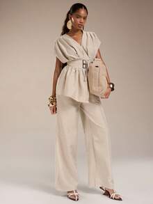 Normani 新款优雅休闲通勤杏色竹纤维针织V领开衫，配腰带和高腰直筒阔腿裤套装 - 杏色 - 查看 3