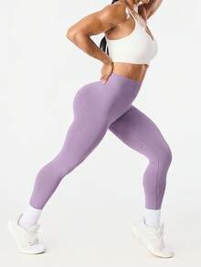 Dewbera 女士纯色高腰休闲百搭日常健身运动紧身裤 - 淡紫色 - 查看 5