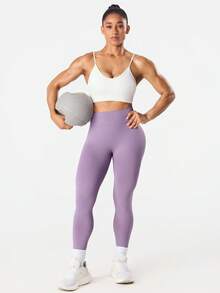 Dewbera 女士纯色高腰休闲百搭日常健身运动紧身裤 - 淡紫色 - 查看 6