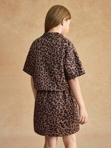 SHEIN Sparklyn Tween Girls Leopard Print Outfit, Includes Loose Fit Top And Skirt, Soft Fabric, Streetwear Style, Suitable For Casual Daily Wear, Street Fashion Photoshoot And Gatherings - Coffee Brown - View 6