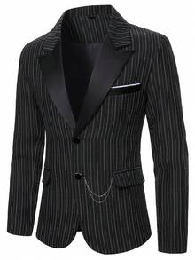 Manfinity Mode 男士做旧条纹长袖西装套装，商务绅士套装，男士经典款，适合日常休闲、周末旅行、户外活动、探险旅行、轻松的工作环境或半正式场合，可作为男友/丈夫礼物、周年纪念/生日礼物、派对、夏季假期、婚礼、春夏、复活节等场合穿着。另有男士优雅黑色细条纹西装，配披肩领和马甲，适合正式场合穿着。男士细条纹西装，男士礼服套装，男士黑色西装。 - 黑色 - 查看 5