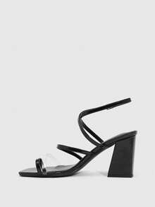CUCCOO SZL Women's Black PU Toe-Ring Buckle Strap Fashionable Square Toe Chunky Heel Sandals - Black - View 4