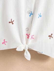 SHEIN 年轻女孩度假海滩休闲百搭刺绣镂空白色宽松短袖衬衫，假日，夏季，旅行 - 白色 - 查看 5