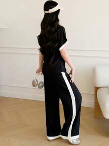 少女休闲百搭日常居家度假黑白撞色滚边宽肩无袖圆领T恤+阔腿梭织裤套装 - 黑色 - 查看 2