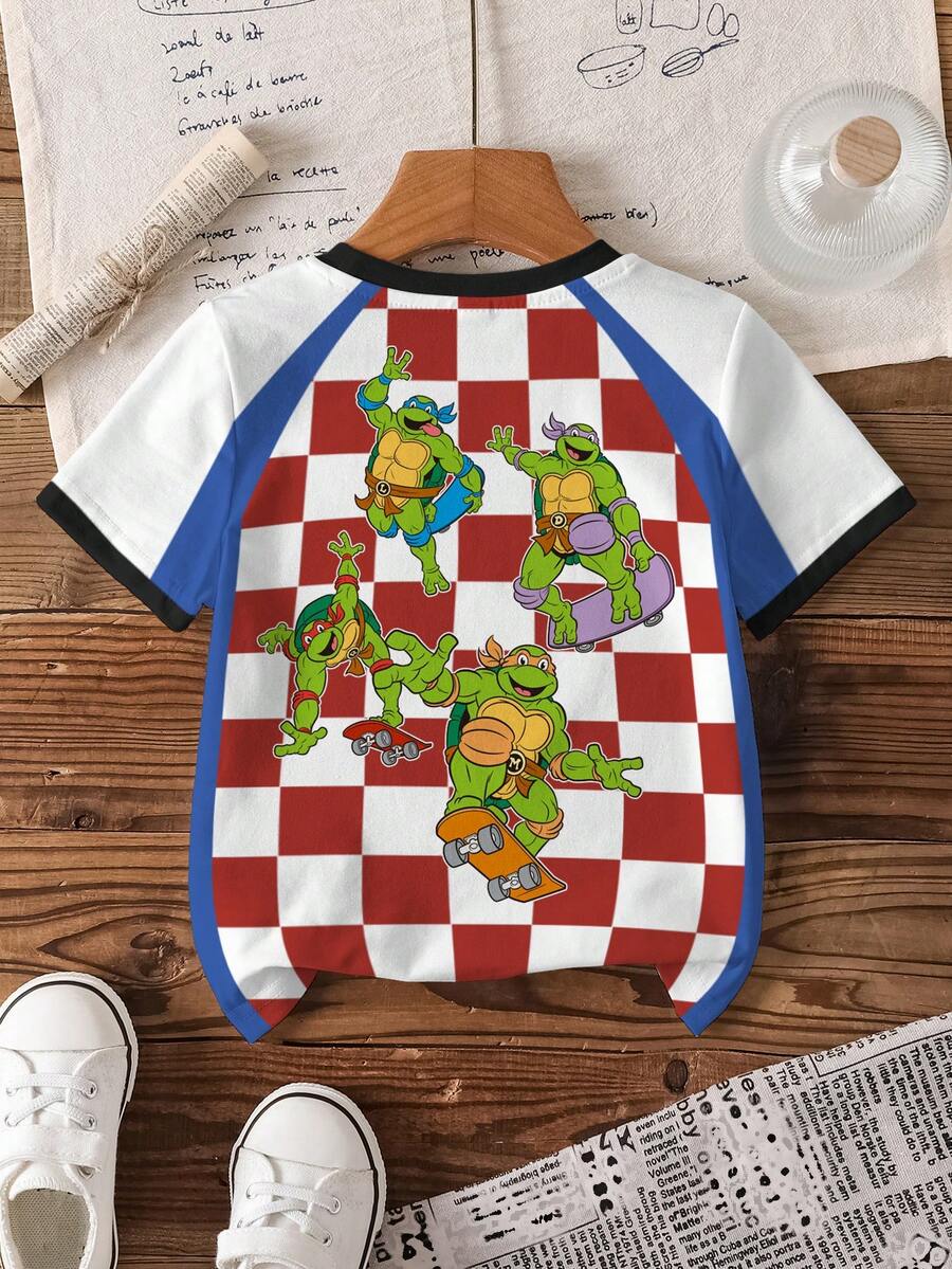 TEENAGE MUTANT NINJA TURTLES | SHEIN Camiseta de manga corta con cuello redondo y estampado minimalista para niños pequeños - Blanco - Ver 1