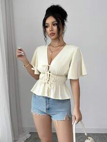 Elenzga Elegant,Effortless Chic Cream White Women's Blouse,Deep V-Neck Ruffled Sleeves Front Knotted Hem Casual Summer Top For Vacation - Apricot - View 3