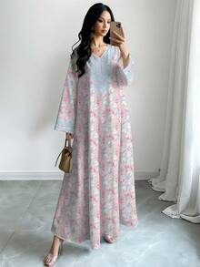 SHEIN Najma Đầm maxi dài tay cổ chữ V họa tiết hoa nhí, đầm dài hoa mùa xuân/hè dành cho nữ, kiểu dáng Ả Rập thanh lịch, thích hợp cho kỳ nghỉ, du lịch và mặc hàng ngày. - Nhiều màu - Xem 1