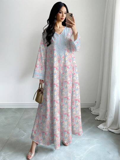SHEIN Najma Ditsy Floral V-Neck Long Sleeve Maxi Dress, Women's Spring/Summer Floral Long Dress, Elegant Arabic Style, Suitable For Vacation, Holiday And Daily Wear
