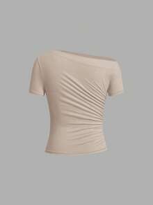 Ellevyn Camiseta elegante de punto elástico de manga corta con pliegues asimétricos y unicolor para mujer, primavera/verano - Albaricoque - Ver 4