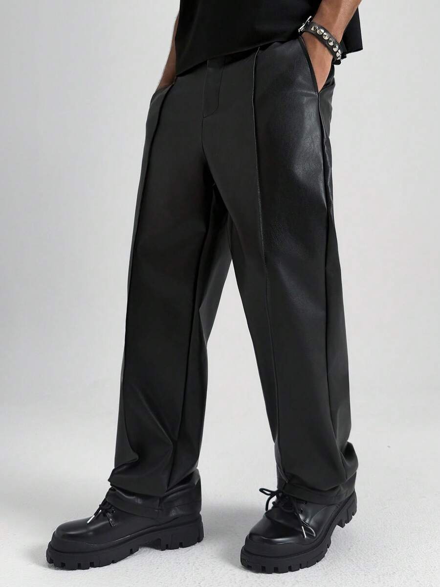 PAVTROS 男士黑色 PU 皮革长裤，宽松，印花，适合朋友聚会、另类风格、街头服饰、男士运动、慢跑、休闲直筒时尚长裤、黑色阔腿裤、黑色宽松裤、男士皮裤、正装裤、情人节、春夏、送给男友的礼物、狂欢节、复古风、街头服饰、派对、圣帕特里克节、外出等场合 - 黑色 - 查看 1