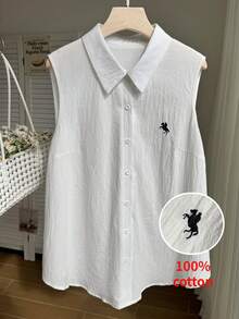 Comfortcana 大码休闲纯色马刺绣无袖衬衫 白色无袖衬衫 女式衬衫 纽扣衬衫 翻领衬衫 马图案衬衫 纯棉上衣 女士夏季无袖衬衫 星形衬衫 - 白色 - 查看 4